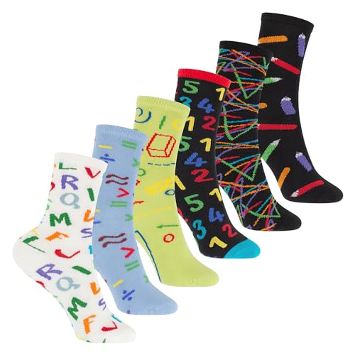 Footstar Bunte Baumwoll Socken mit lustigen Motiven für Mädchen & Jungen (6 Paar) - School 35-38 von Footstar