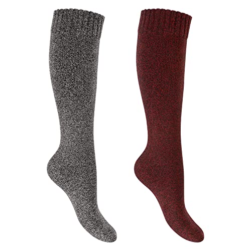 Footstar Damen Frottee Kniestrümpfe (2 Paar) Warme Baumwollsocken mit Thermo-Effekt - Rot-Grau 35-38 von Footstar