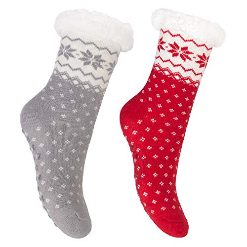 Footstar Damen und Herren Winter Haussocken (2 Paar) Kuschelsocken - Grau-Rot 35-38 von Footstar