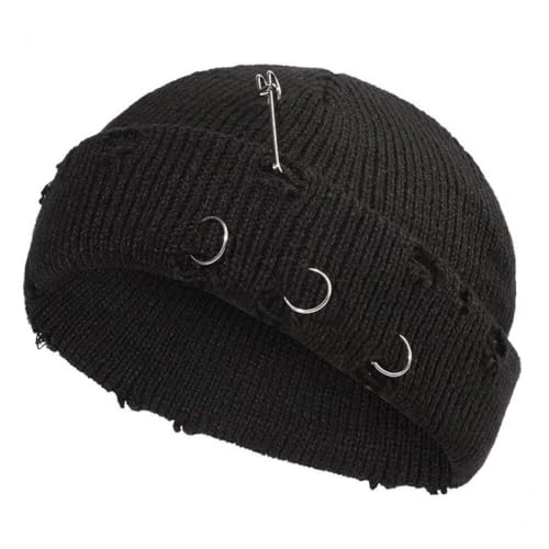 Gothic Beanie Winter Strickhüte Trendy Metal Pin Hip Hop Streetwear Harajuku Y2k Schädel Cap Mode Warme Dicke Schädelkap Unisex von Fopytu