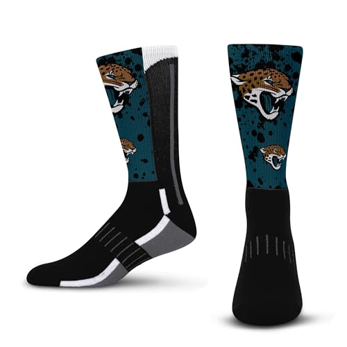 For Bare Feet NFL Herren Damen Team Color Logo Game Day Splatter Performance Warm & Cold Weather Comfort Crew Socken, Jacksonville Jaguars - Schwarz, Large von For Bare Feet