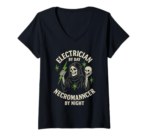 Damen Elektriker bei Tag Nekromant bei Nacht Halloween T-Shirt mit V-Ausschnitt Damen Elektriker bei Tag Nekromant bei Nacht Halloween T-Shirt mit V-Ausschnitt von For Electrician Halloween