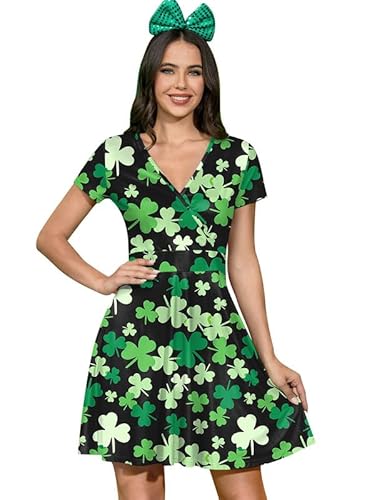 For G and PL St Patricks Day Damen Wickelkleid Kurzarm V-Ausschnitt, Kleeblatt Schwarz, Mittel von For G and PL