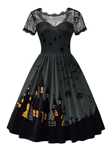 Damen Halloween Cosplay Schwarz Spitzenkrägen Ausgestellter Rock Kleider Knielang Weich Hexe Kostüm Grau XL von For G and PL