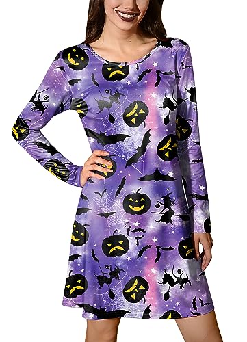 For G and PL Halloween Damen Funny Kleider Lang Arme Rund Ausschnitt Hexe Schlafhemd A Linie Lila M von For G and PL