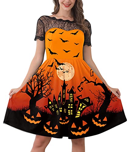 For G and PL Halloween Damen Weich Kürbis Kostüm Party Midikleid Dress Spitzenkrägen Kleider XL von For G and PL