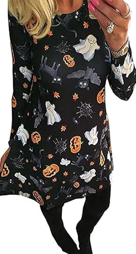 Damen Halloween-Thema Karneval Party Kleider mit Lang Ärmeln A-Linie Horror Drucke Elegant Swing Shirt A2 2XL von For G and PL