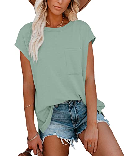 Damen Kurze Ärmel Oberteil Casual Freizeit Sommer Elegant T-Shirt mit Tasche Grün S von For G and PL