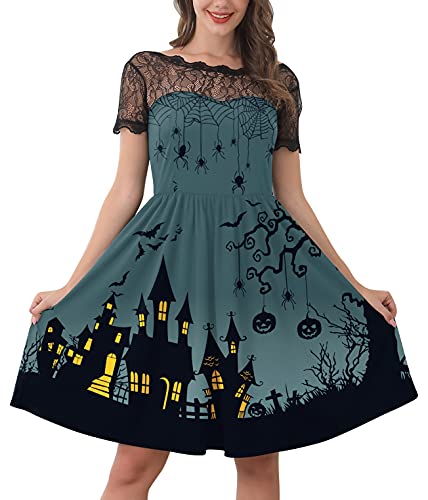 Fasching-Motiv Damen Fallendes Swing Kleid mit Soft Lace Sleeve und Leichte Bedrucke Midi-Kleid Grün S von For G and PL