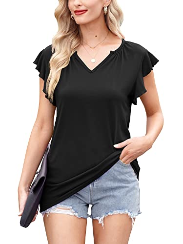 For G and PL Damen Oversize Baumwolle Sommer T-Shirt Kurzarm Schwarz Rüschenärmel Einfarbig Oberteil Tops L von For G and PL