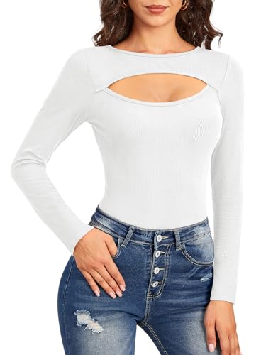 For G and PL Damen Cut Outs Tops Einfarbig Oberteile Langarm Shirt Freizeit Rundhals Fit T-Shirt Top für Herbst Winter Weiß M von For G and PL