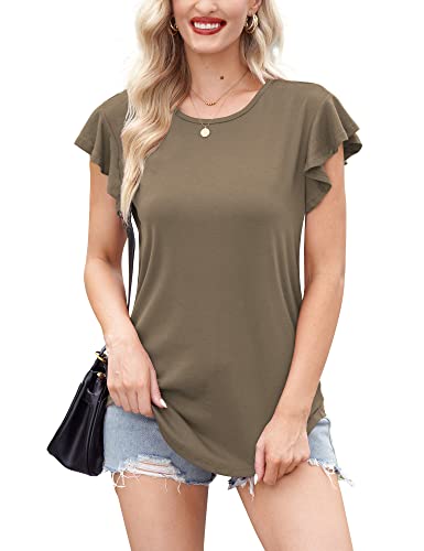 For G and PL Damen Lang Sommerbluse Longshirt T-Shirt Einfarbig Oberteil Rüschenärmel Kurzarm Braun Tops M von For G and PL