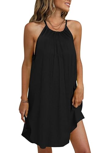 For G and PL Damen Casual Elegant Sommerkleider Neckholder Kleid Strandkleid Freizeitkleid Schwarz Minikleid L von For G and PL