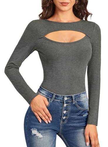 For G and PL Damen Herbst Cut Outs Tops Rundhalsausschnitt Langarm Sexy Freizeit Langarmshirt Dunkelgrau S von For G and PL