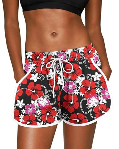 For G and PL Damen Elegant Boardshort Sportlich Mit Kordelzug Und Blätter Badehose Rot&Blumen M von For G and PL