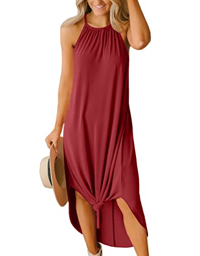 For G and PL Damen Sommerkleid mit Neckholder und Seitenschlitz Elegant Hautfreundlich Langkleid Maroon XL von For G and PL