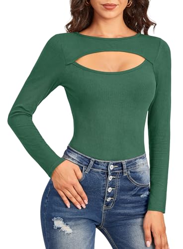 For G and PL Damen Herbst Basic Cut Outs Tops Freizeit Rundhalsausschnitt Sexy Langarm Langarmshirt Grün S von For G and PL