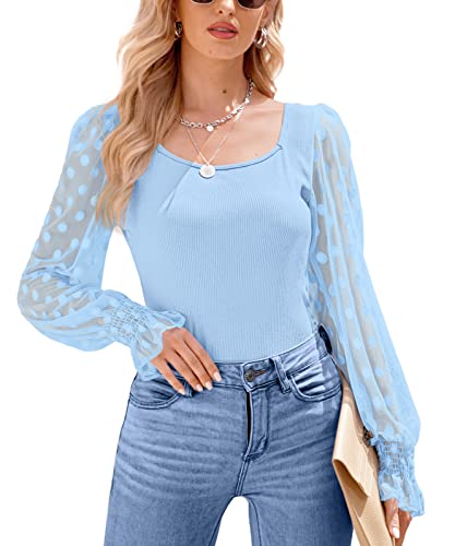 For G and PL Damen Oberteil Langarmshirts Mesh Puffärmeln Shirts Elegant T-Shirt Elegant Oberteil Mesh-Keulenärmel Tops Blau M von For G and PL