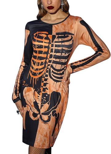 For G and PL Halloween Damen Fasching Party Abendkleid Rundem Ausschnitt Kleider Schwarz Orange Skelett L von For G and PL