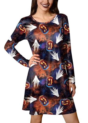 For G and PL Halloween Damen Luftiges Kleid Langarm Rundhals Drucke Midi Kleid für Winter Kürbis L von For G and PL