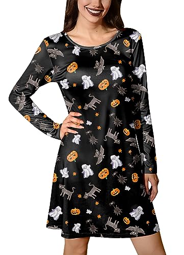 For G and PL Halloween Damen Midi Kleid Kürbis Skelett Motto Party Langarm Rundhals Dress L von For G and PL