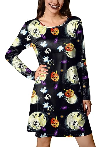 For G and PL Halloween Damen Fasching Party Kleid Kürbis Lang Ärmeln Bedruck Vintage Dress S von For G and PL