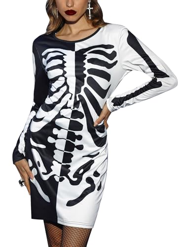 For G and PL Halloween Damen Party Dress Rundausschnitt A Linie Muster Skelett Druck Schwarz L von For G and PL