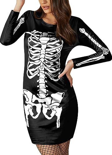 For G and PL Halloween Damen Motiv Party Schlafshirt Langarm Druck Skelett Fasching Kostüm M von For G and PL