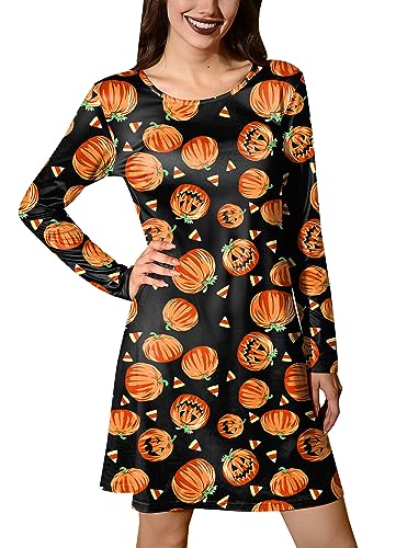 For G and PL Halloween Damen Motiv Party Schlafshirt Lang Arme Kürbis Druck Kostüm Blusenkleid S von For G and PL