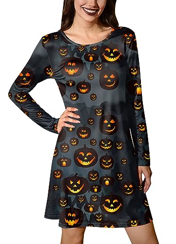 For G and PL Halloween Damen Motiv Party Lang Arme Druck Kostüm Blusenkleid Schwarz Kürbis S von For G and PL