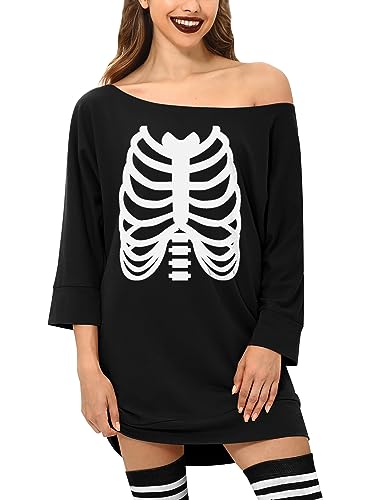 For G and PL Halloween Damen Kostüm Skelett Oberteil Schulterfrei 3/4 Sleeve Langarmshirt Party Shirt M von For G and PL