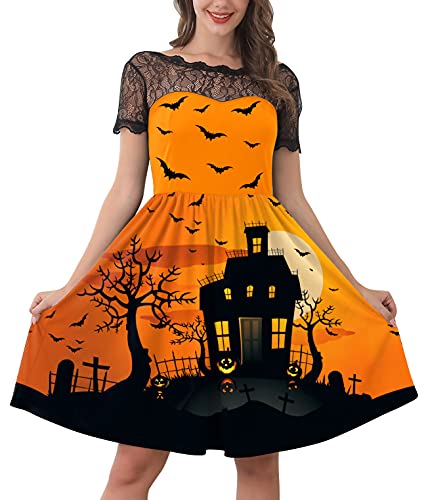 For G and PL Halloween Damen Druck Kostüm Party Midikleid Dress Spitzenkrägen Kleider Fledermaus S von For G and PL