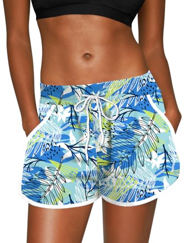 For G and PL Damen Hawaiian Badehose Casual Für Surfen Blumen UPF 50+ Tankini Blau Grün&Pflanze XXL von For G and PL
