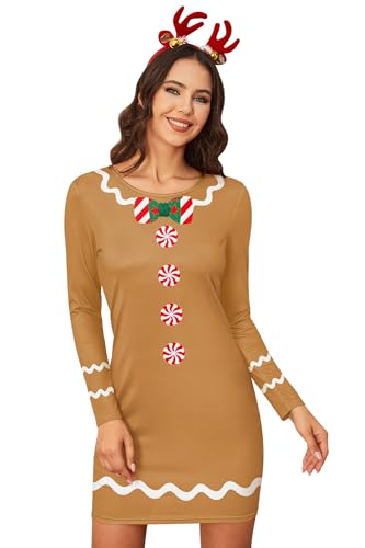 For G and PL Damen Kleid Ugly Weihnachten Langarm Kleidung Rundhalsausschnitt Party Kleider Braun XXL von For G and PL