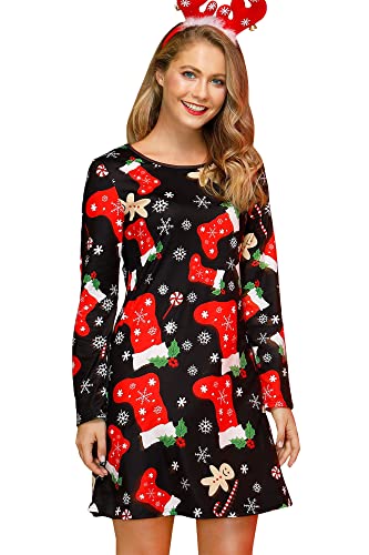 For G and PL Damen Ugly Weihnachtskleid Xmas Kleid Weihnachten Print Elch Drucken Partykleid Xmas Schwarz XL von For G and PL