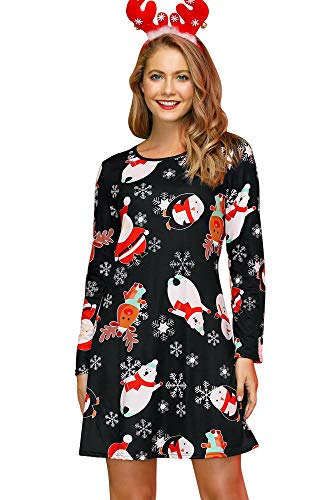 For G and PL Damen Ugly Weihnachten Print Mini Kleid Lange Armel Rudolph Rentier Elch Drucken Blusenkleid S von For G and PL