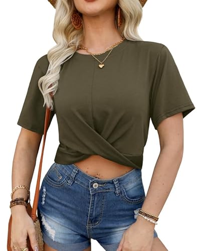 For G and PL Damen Kurz Slim Fit T-Shirt Grün Bauchfreies Oberteil Sommershirts mit Twist Crop Top XS von For G and PL