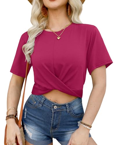 For G and PL Damen Kurz Slim Fit T-Shirt mit Twist Bauchfreies Oberteil Sommershirts Rosa Rosenrot Crop Top M von For G and PL