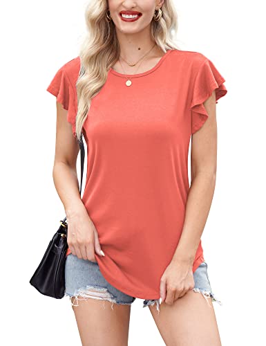 For G and PL Damen Casual Basic Sommer Sexy Bluse T-Shirt Kurzarm Orange Rüschenärmel Einfarbig Oberteil Tops M von For G and PL