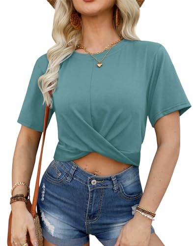 For G and PL Damen Kurzarm Rundhals T-Shirt Sommershirts Grün mit Twist Bauchfreies Oberteil Crop Top L von For G and PL