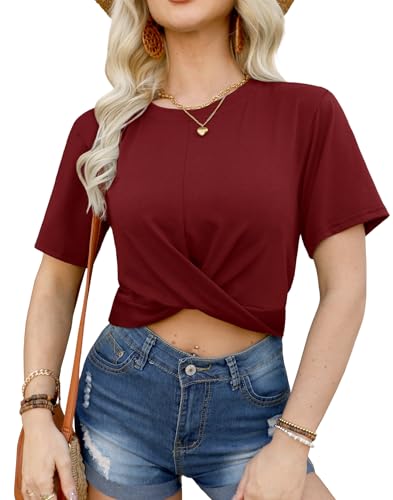 For G and PL Damen Lässig Rundhalsausschnitt T-Shirt Weinrot Bauchfreies mit Twist Kurzarm Oberteil Crop Top M von For G and PL