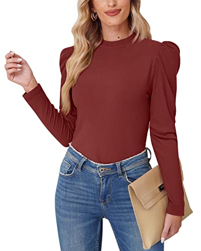 For G and PL Elegant Langarm Herbsttop Puffärmel Bluse Slim Fit Rundhalsausschnitt Strickpullover Damen Burgundy M von For G and PL