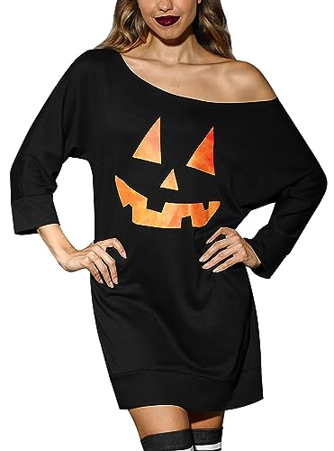 For G and PL Halloween Damen Fasching Motiv Druck Oberteil Party Schulterfrei Schwarz 3/4 Sleeve Shirt M von For G and PL