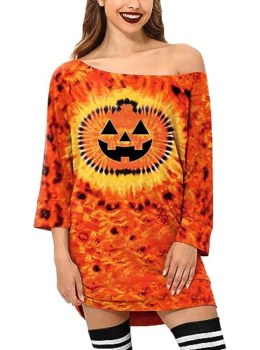 For G and PL Halloween Damen Fasching Motiv Druck Oberteil Kürbis Schulterfrei Langarmshirt Party Shirt XXL von For G and PL