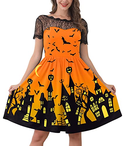 Damen Modisches Halloween-Party Kleid mit Kurzen Ärmeln Soft Lace Swing Dress Orange XXL von For G and PL