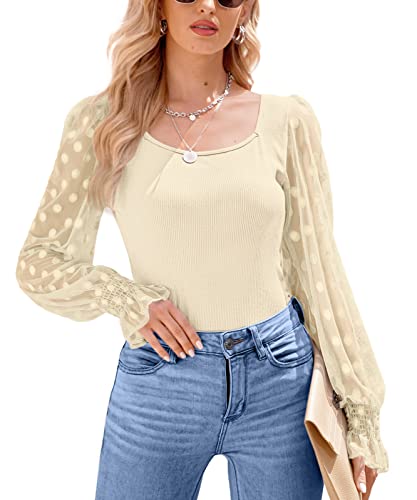 For G and PL Damen Oberteil Mesh Puffärmeln Shirts Elegant Oberteil Langarmshirt mit Polka Dots sexy Oberteil Damen Beige L von For G and PL