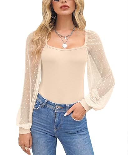 For G and PL Mesh Puffärmeln Shirts Square Neck top Enge Oberteile Damen Langarmshirt u Ausschnitt Damen Bluse Damen elegant Transparent Puffärmel Langarm Beige M von For G and PL