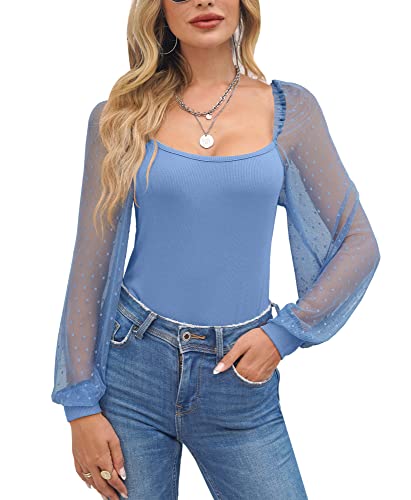 For G and PL Damen Oberteil Mesh Puffärmeln Shirts Mesh Puff Langarm Elegant T-Shirt Elegant Oberteil Langarmshirts Blau M von For G and PL