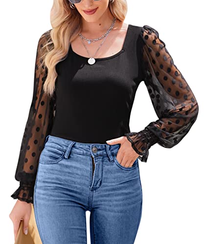 For G and PL Langarmshirts Damen Oberteil Mesh Puff Langarm sexy Oberteil Damen Elegant Oberteil Damen Oberteil schwarz S von For G and PL