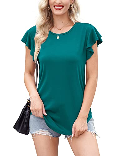 For G and PL Damen Sexy Bluse Casual Basic Sommer T-Shirt Rüschenärmel Einfarbig Oberteil Kurzarm Grün Tops XL von For G and PL